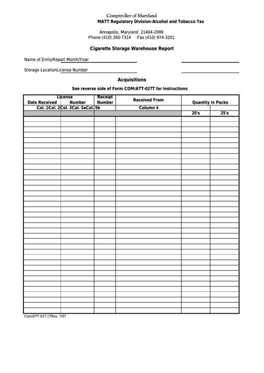 Fillable Form Com/att-027-1t - Cigarette Storage Warehouse Report Printable pdf