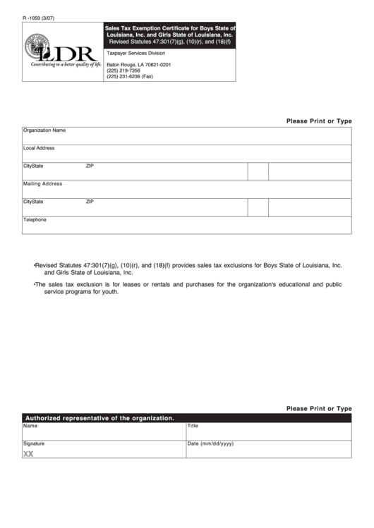 Fillable Form R 1059 Sales Tax Exemption Certificate For Boys State