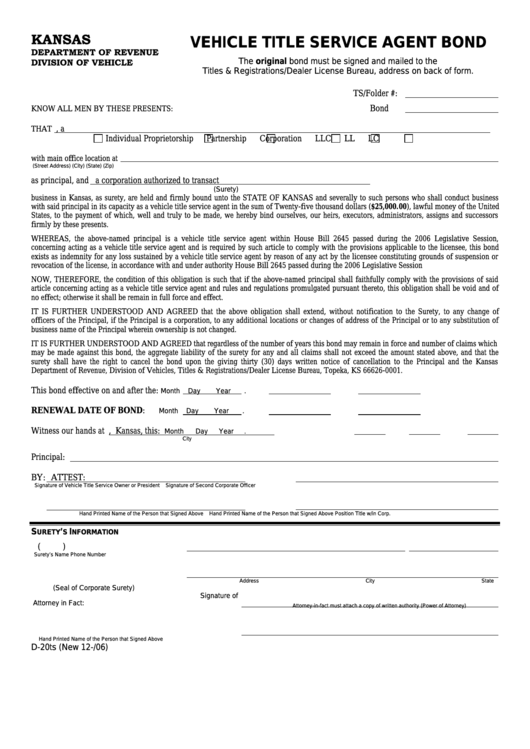 Form D-20ts - Vehicle Title Service Agent Bond Printable pdf