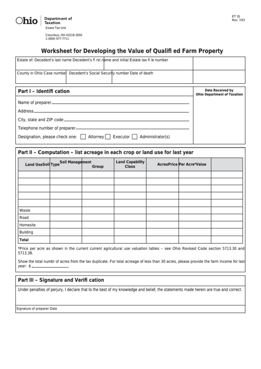 Fillable Form Et 35 - Worksheet For Developing The Value Of Qualifi Ed Farm Property Printable pdf