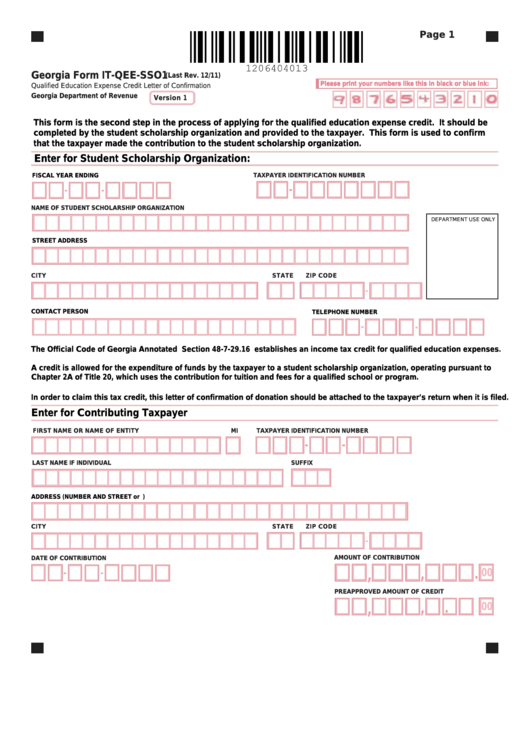 Fillable Form It-Qee-Sso1 - Qualified Education Expense Credit Letter Of Confirmation Printable pdf