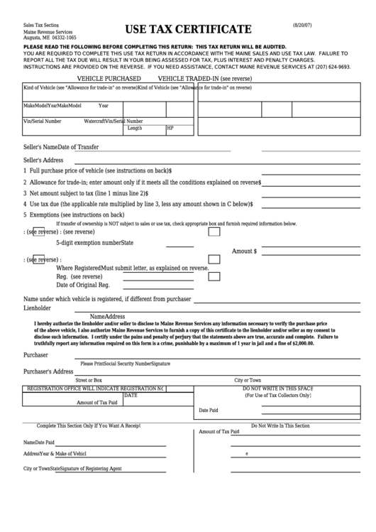 Fillable Form S.t.m.v. 6u - Use Tax Certificate Printable pdf