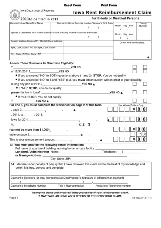 Fillable Form 54-130 - Iowa Rent Reimbursement Claim For Elderly Or Disabled Persons - 2011 Printable pdf