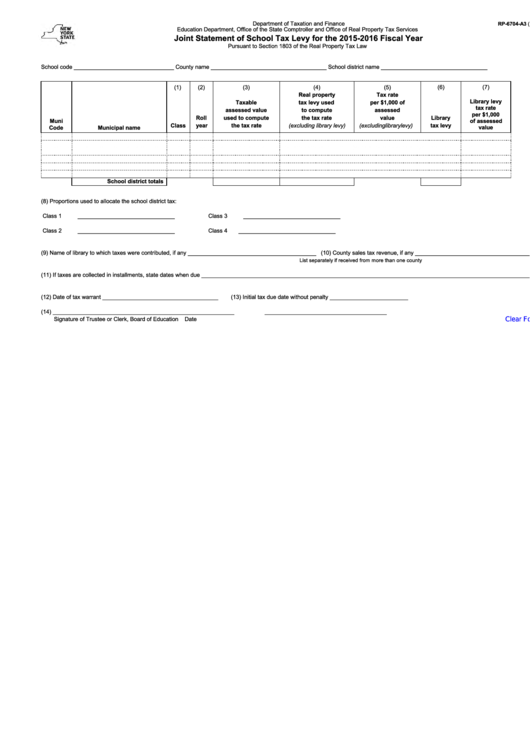 Fillable Form Rp-6704-A3 - Joint Statement Of School Tax Levy For The 2015-2016 Fiscal Year Printable pdf