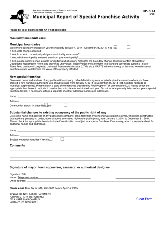 Fillable Form Rp-7114 - Municipal Report Of Special Franchise Activity Printable pdf