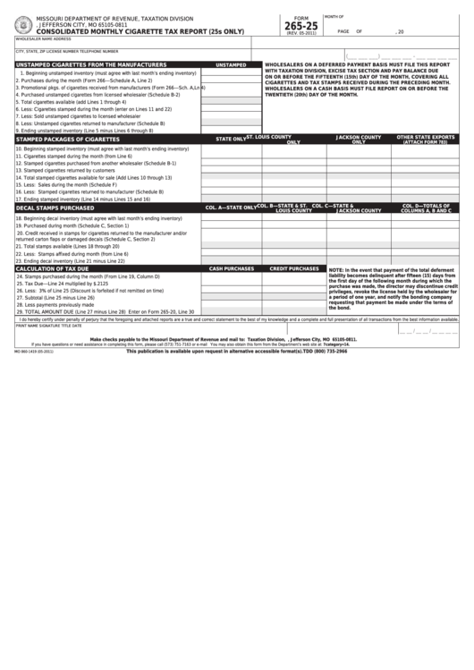 Fillable Form 265-25 - Consolidated Monthly Cigarette Tax Report (25s Only) Printable pdf