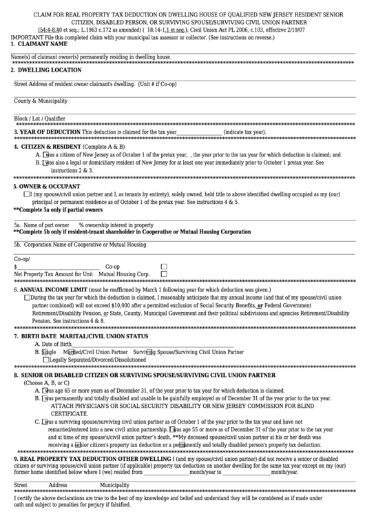 Fillable Form Ptd - Claim For Real Property Tax Deduction On Dwelling House Of Qualified New Jersey Resident Senior Citizen, Disabled Person, Or Surviving Spouse/surviving Civil Union Partner Printable pdf