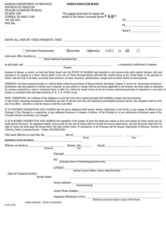 Fillable Form D-20 - Vehicle Dealer Bond printable pdf download