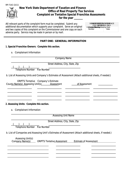 Fillable Form Rp-7142 - Complaint On Tentative Special Franchise Assessments Printable pdf