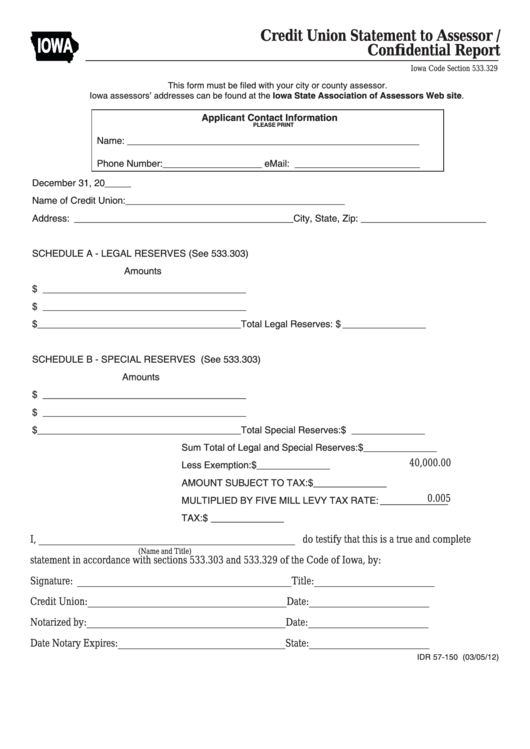 Form Idr 57-150 - Credit Union Statement To Assessor / Confidential Report Printable pdf