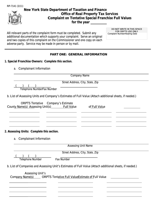 Fillable Form Rp-7141 - Complaint On Tentative Special Franchise Full Values Printable pdf