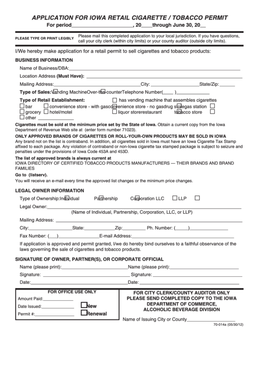 Form 70-014 - Application For Iowa Retail Cigarette / Tobacco Permit Printable pdf