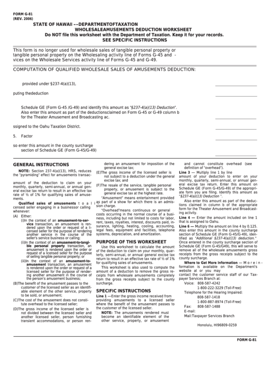 Fillable Form G-81 - Wholesale Amusements Deduction Worksheet Printable pdf