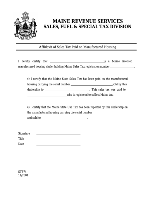 Form Stp74 - Affidavit Of Sales Tax Paid On Manufactured Housing Printable pdf