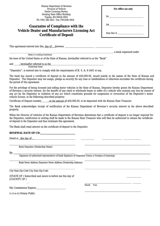 Fillable Form D-19 - Guarantee Of Compliance With The Vehicle Dealer And Manufacturers Licensing Act Certificate Of Deposit Printable pdf