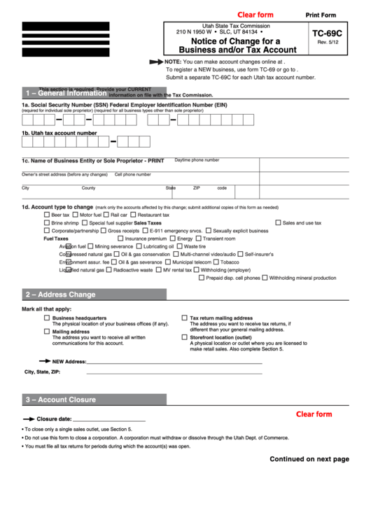 Fillable Form Tc-69c - Notice Of Change For A Business And/or Tax Account Printable pdf