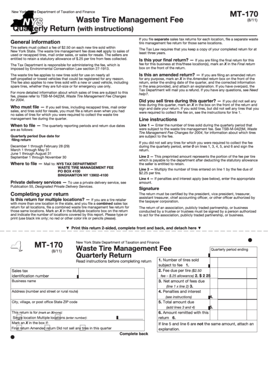 Fillable Form Mt-170 - Waste Tire Management Fee Quarterly Return Printable pdf