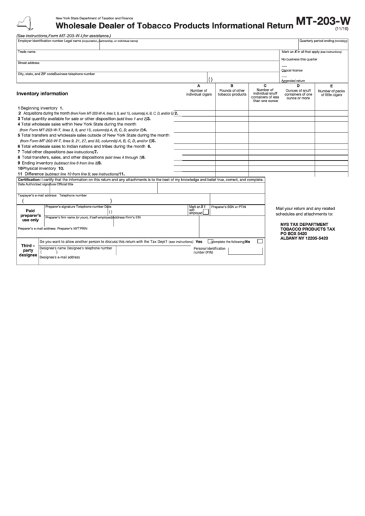 Form Mt-203-W - Wholesale Dealer Of Tobacco Products Informational Return Printable pdf