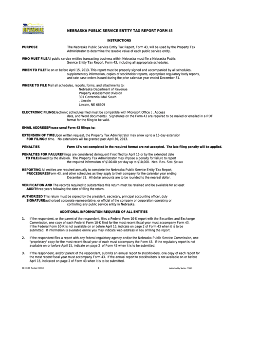 Form 43 - Nebraska Public Service Entity Tax Report - 2013 Printable pdf