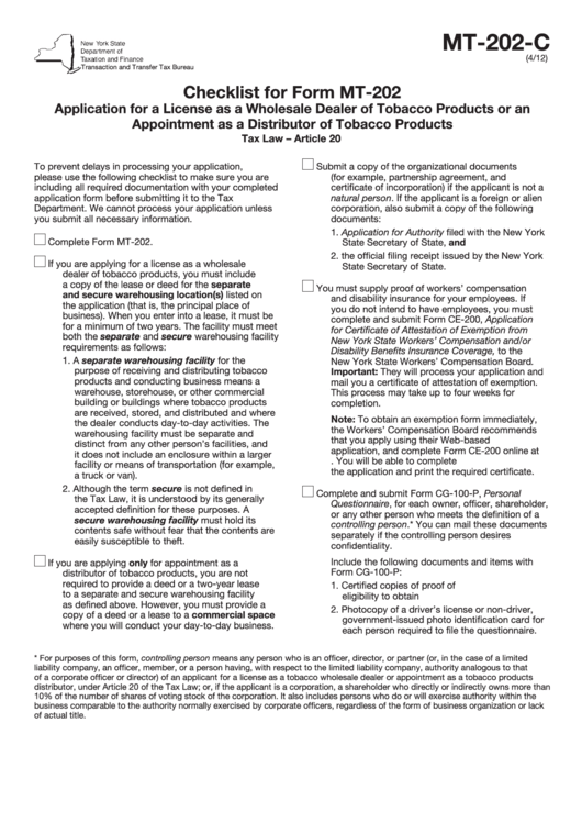 Checklist For Form Mt-202 - Application For A License As A Wholesale Dealer Of Tobacco Products Or An Appointment As A Distributor Of Tobacco Products Printable pdf