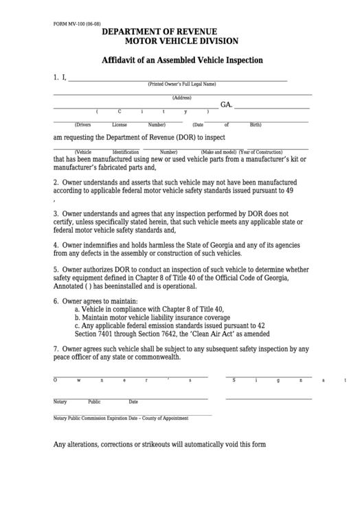 Form Mv-100 - Affidavit Of An Assembled Vehicle Inspection Printable pdf