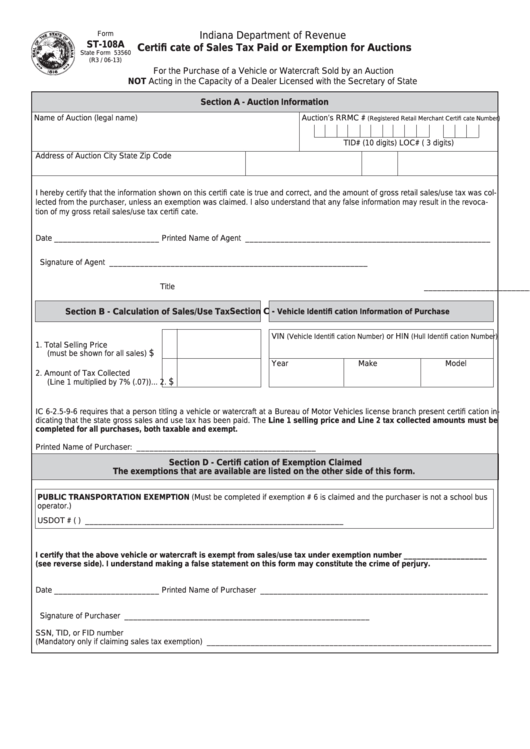Fillable Form St-108a - Certificate Of Sales Tax Paid Or Exemption For Auctions Printable pdf