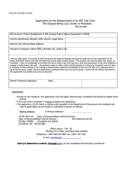 Fillable Form Mv-142 - Application For The Replacement Of An Irp Cab Card The Original Being Lost, Stolen Or Mutilated Printable pdf