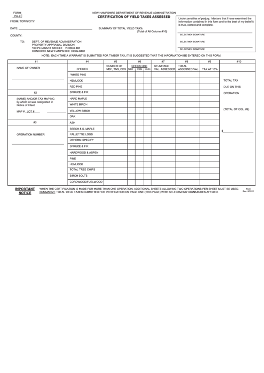 Form Pa-9 - Certification Of Yield Taxes Assessed Printable pdf