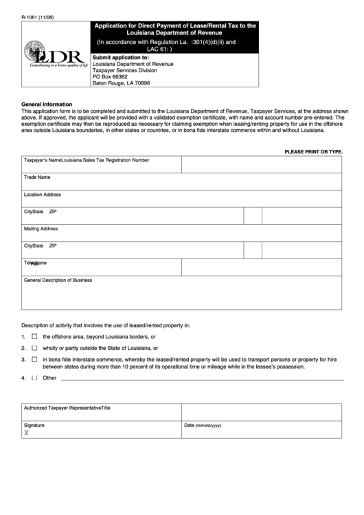 Fillable Form R-1061 - Application For Direct Payment Of Lease/rental Tax To The Louisiana Department Of Revenue Printable pdf