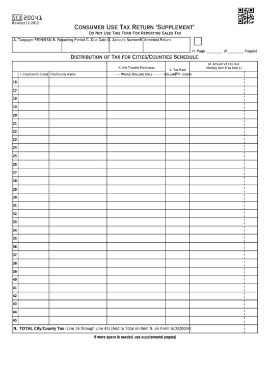 Fillable Form Scu20041 - Consumer Use Tax Return Supplement Printable pdf
