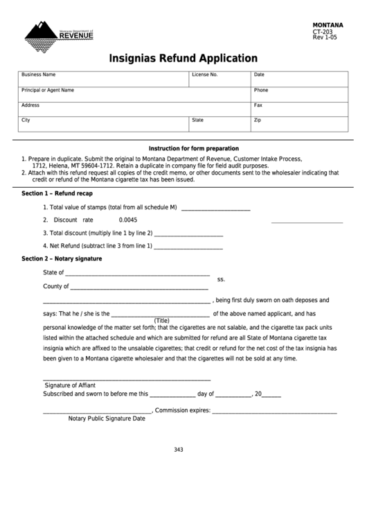 Fillable Montana Form Ct-203 - Insignias Refund Application Printable pdf