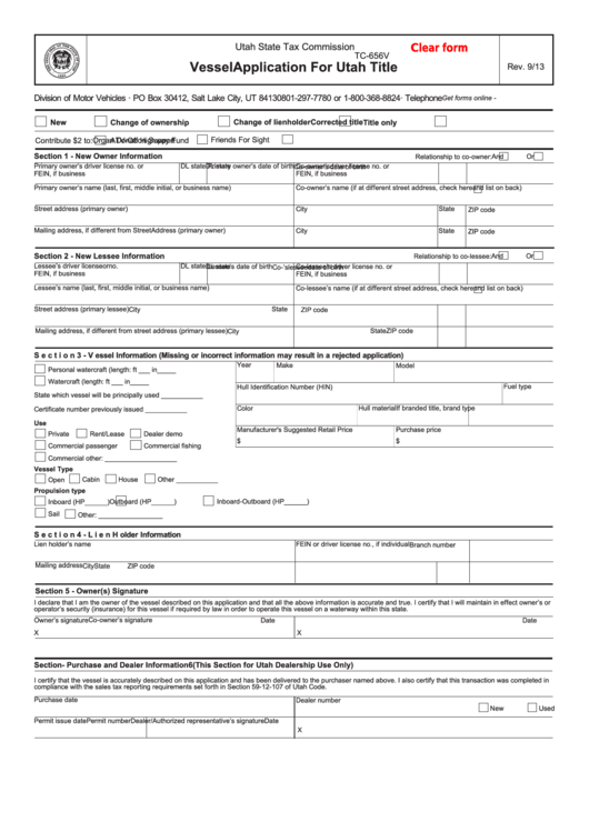 Fillable Form Tc-656v - Vessel Application For Utah Title Printable pdf