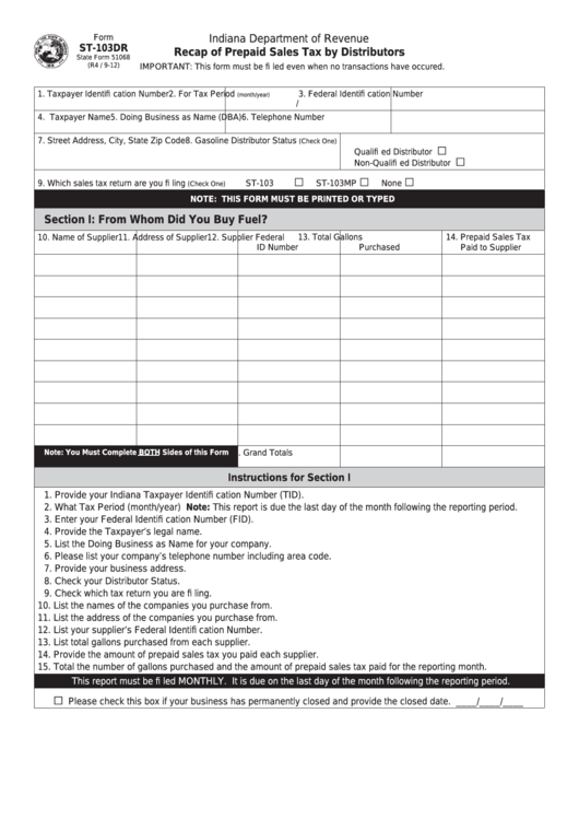 Fillable Form St-103dr - Recap Of Prepaid Sales Tax By Distributors Printable pdf