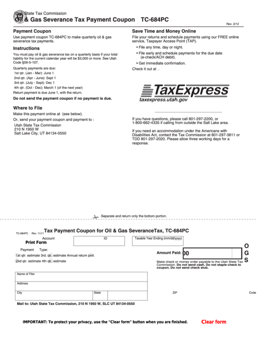 Fillable Form Tc-684pc - Tax Payment Coupon For Oil & Gas Severancetax Printable pdf