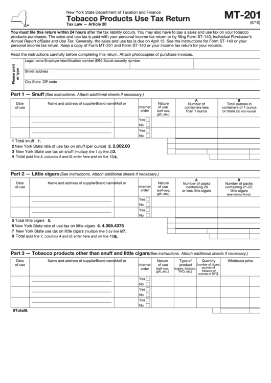 Form Mt-201 - Tobacco Products Use Tax Return Printable pdf