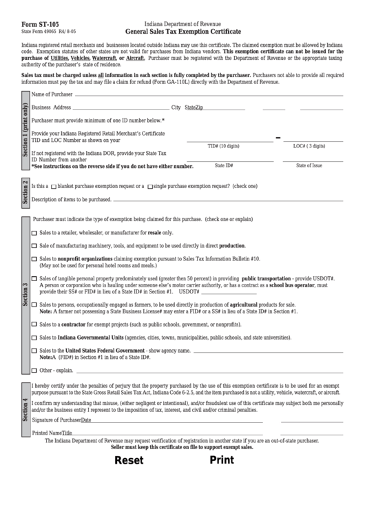 Fillable Form St-105 - General Sales Tax Exemption Certificate Printable pdf