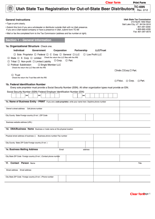 Fillable Form Tc-69n - Utah State Tax Registration For Out-Of-State Beer Distributors Printable pdf