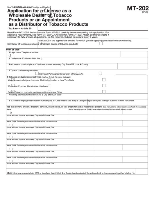 Form Mt-202 - Application For A License As A Wholesale Dealer Of Tobacco Products Or An Appointment As A Distributor Of Tobacco Products Printable pdf