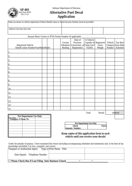 Fillable Form Sf-801 - Alternative Fuel Decal Application Printable pdf