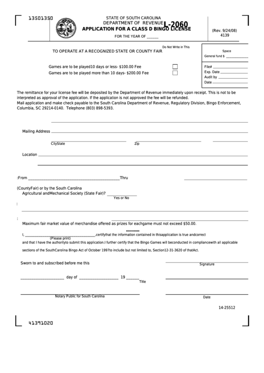 Form L-2060 - Application For A Class D Bingo License Printable pdf