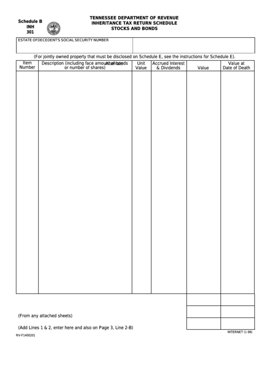 Fillable Schedule B Form Inh 301 - Inheritance Tax Return Schedule Stocks And Bonds Printable pdf