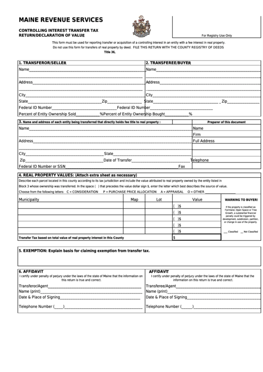 Controlling Interest Transfer Tax - Return/declaration Of Value Form Printable pdf