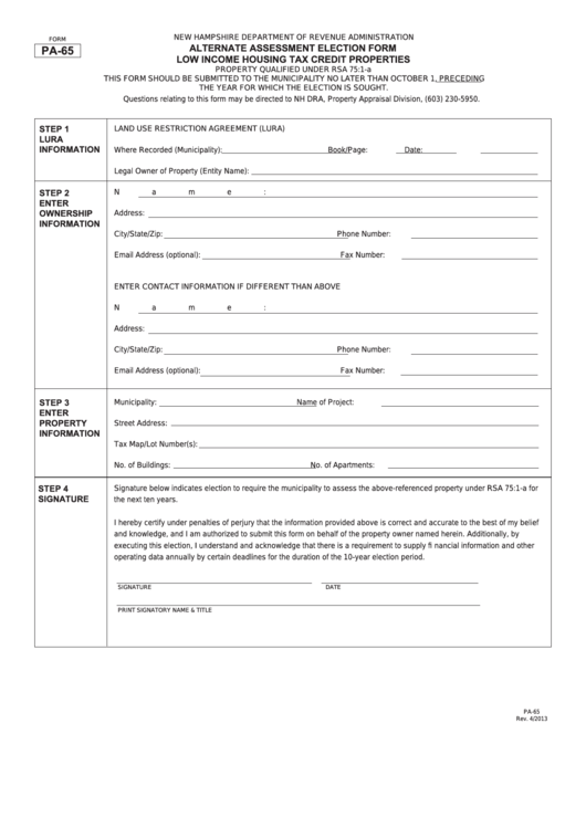 Form Pa-65 - Alternate Assessment Election Form - Low Income Housing Tax Credit Properties Printable pdf