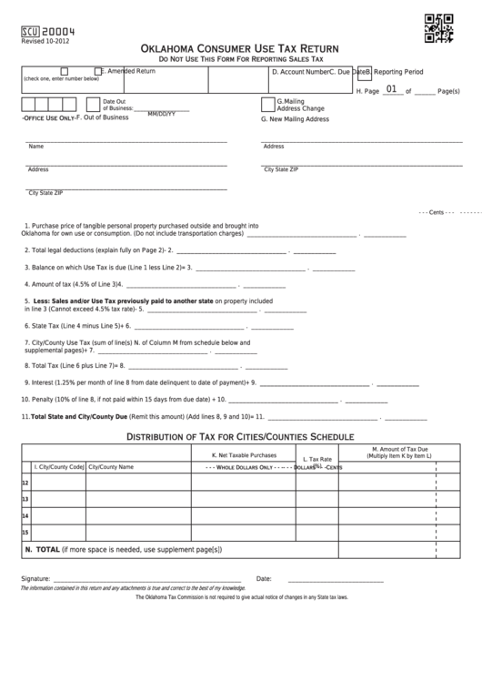 Fillable Form Scu20004 - Oklahoma Consumer Use Tax Return Printable pdf