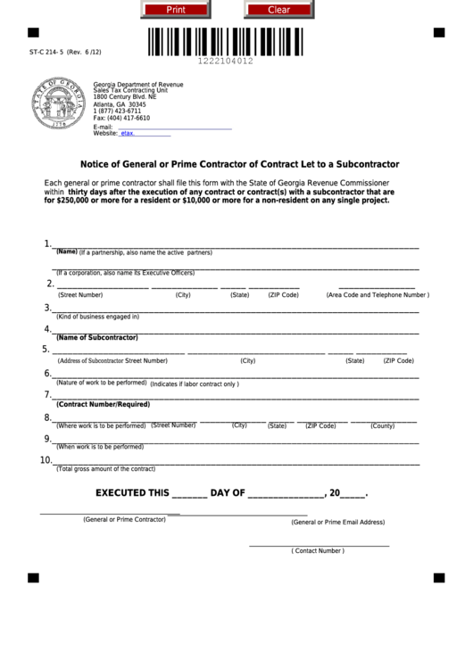 Fillable Form St-C 214- 5 - Notice Of General Or Prime Contractor Of Contract Let To A Subcontractor Printable pdf