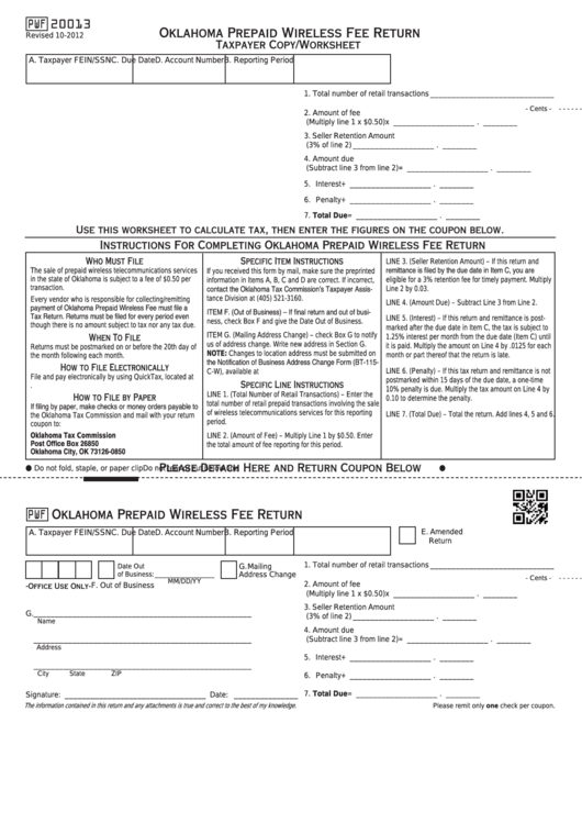 Fillable Form Pwf20013 - Oklahoma Prepaid Wireless Fee Return Printable pdf