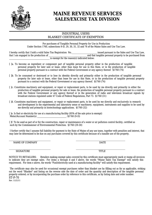 Form St-P-70 - Industrial Users Blanket Certificate Of Exemption Printable pdf
