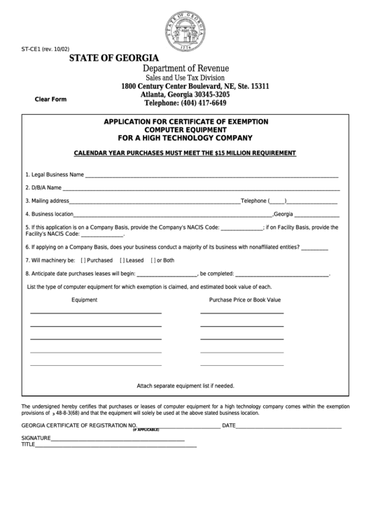 Fillable Form St-Ce1 - Application For Certificate Of Exemption Computer Equipment For A High Technology Company Printable pdf