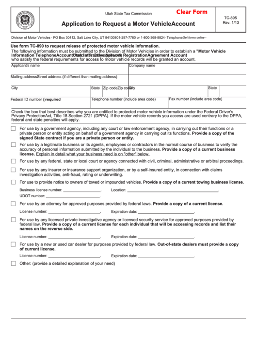 Fillable Form Tc-895 - Application To Request A Motor Vehicle Account Printable pdf