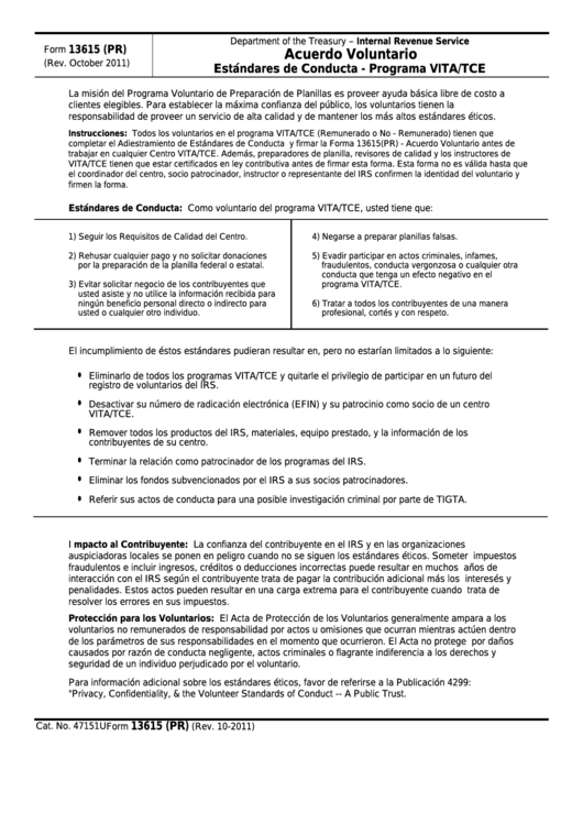 Fillable Form 13615 (Pr) - Acuerdo Voluntario Estandares De Conducta-Programa Vita/tce Printable pdf
